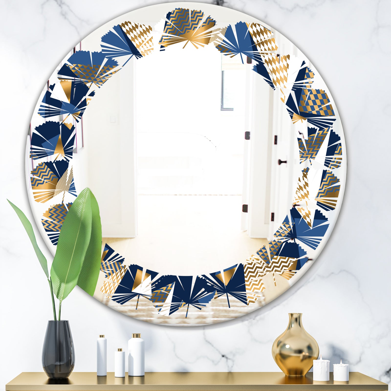 Gold and Blue Cubes - Modern Round or Oval Wall Mirror - Leaves