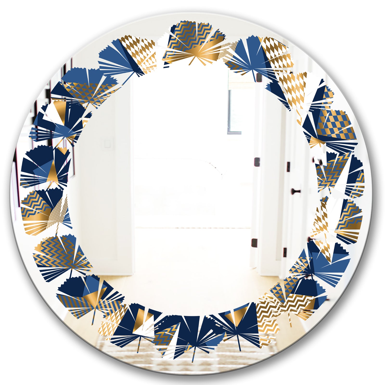 Gold and Blue Cubes - Modern Round or Oval Wall Mirror - Leaves