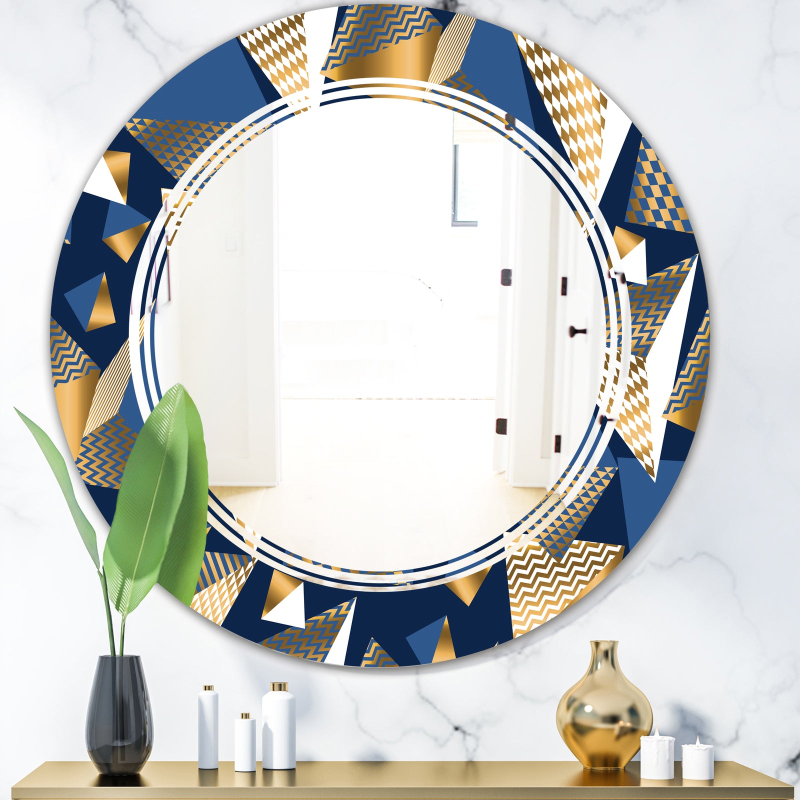 Gold and Blue Cubes - Modern Round or Oval Wall Mirror - Triple C