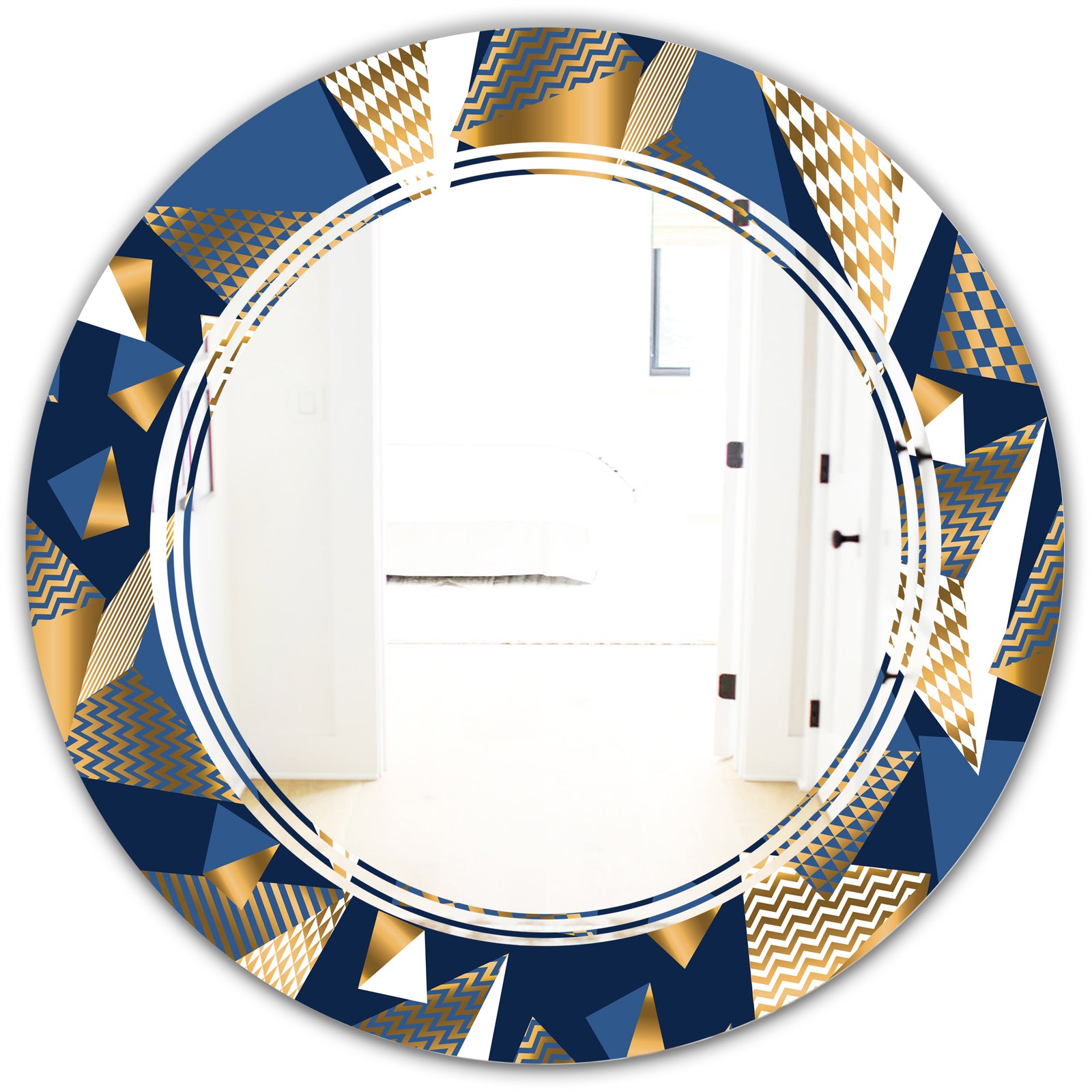 Gold and Blue Cubes - Modern Round or Oval Wall Mirror - Triple C