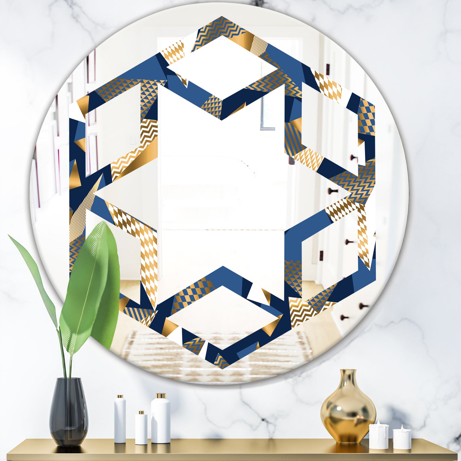 Gold and Blue Cubes - Modern Round or Oval Wall Mirror - Hexagon Star