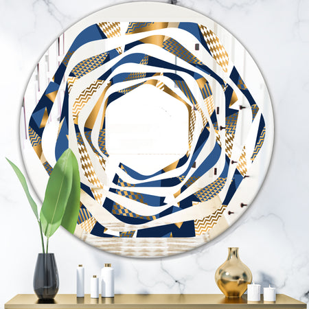 Gold and Blue Cubes - Modern Round or Oval Wall Mirror - Whirl