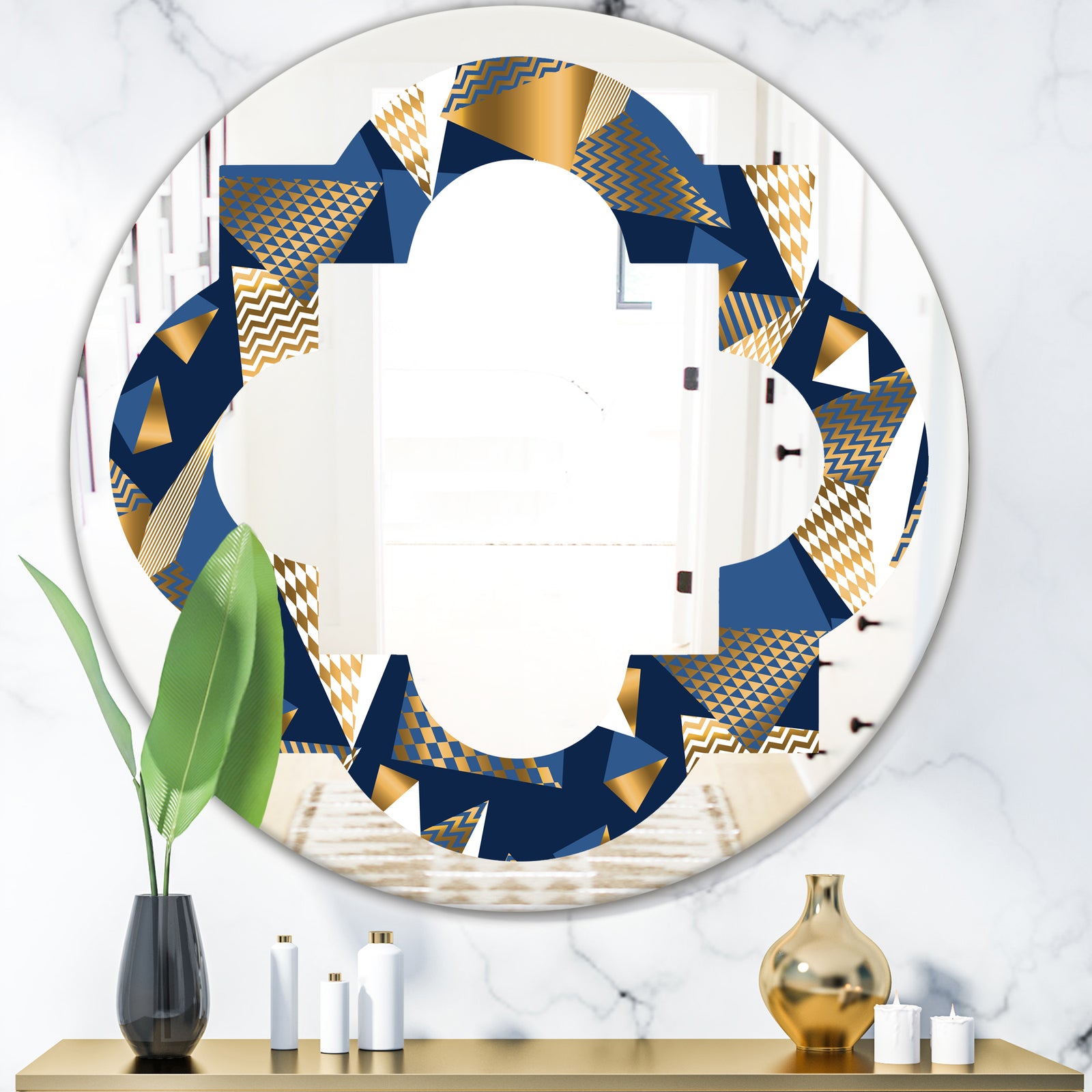 Gold and Blue Cubes - Modern Round or Oval Wall Mirror - Quatrefoil