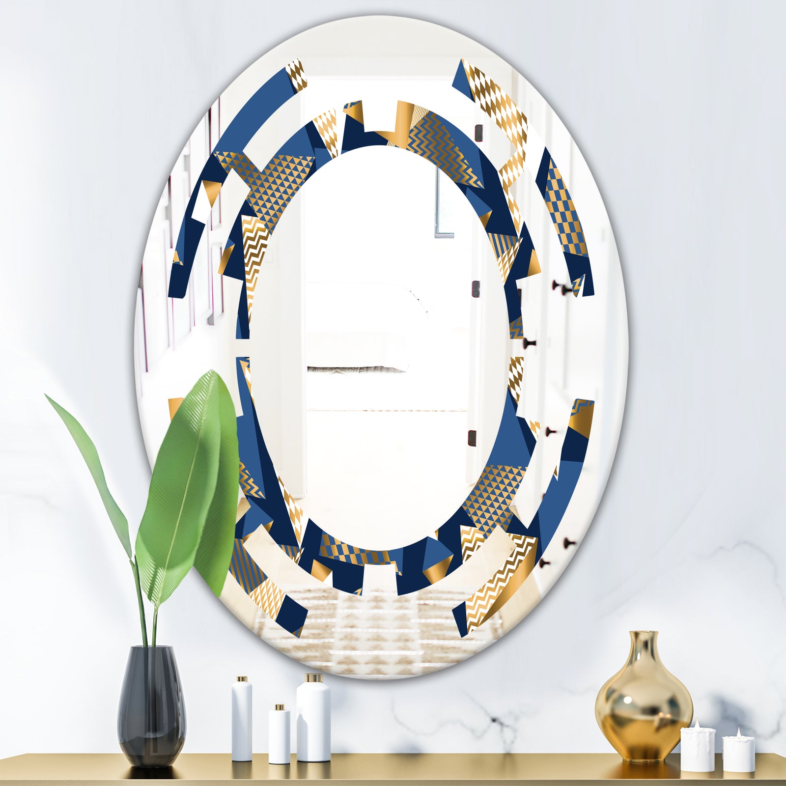 Gold and Blue Cubes - Modern Round or Oval Wall Mirror - Space