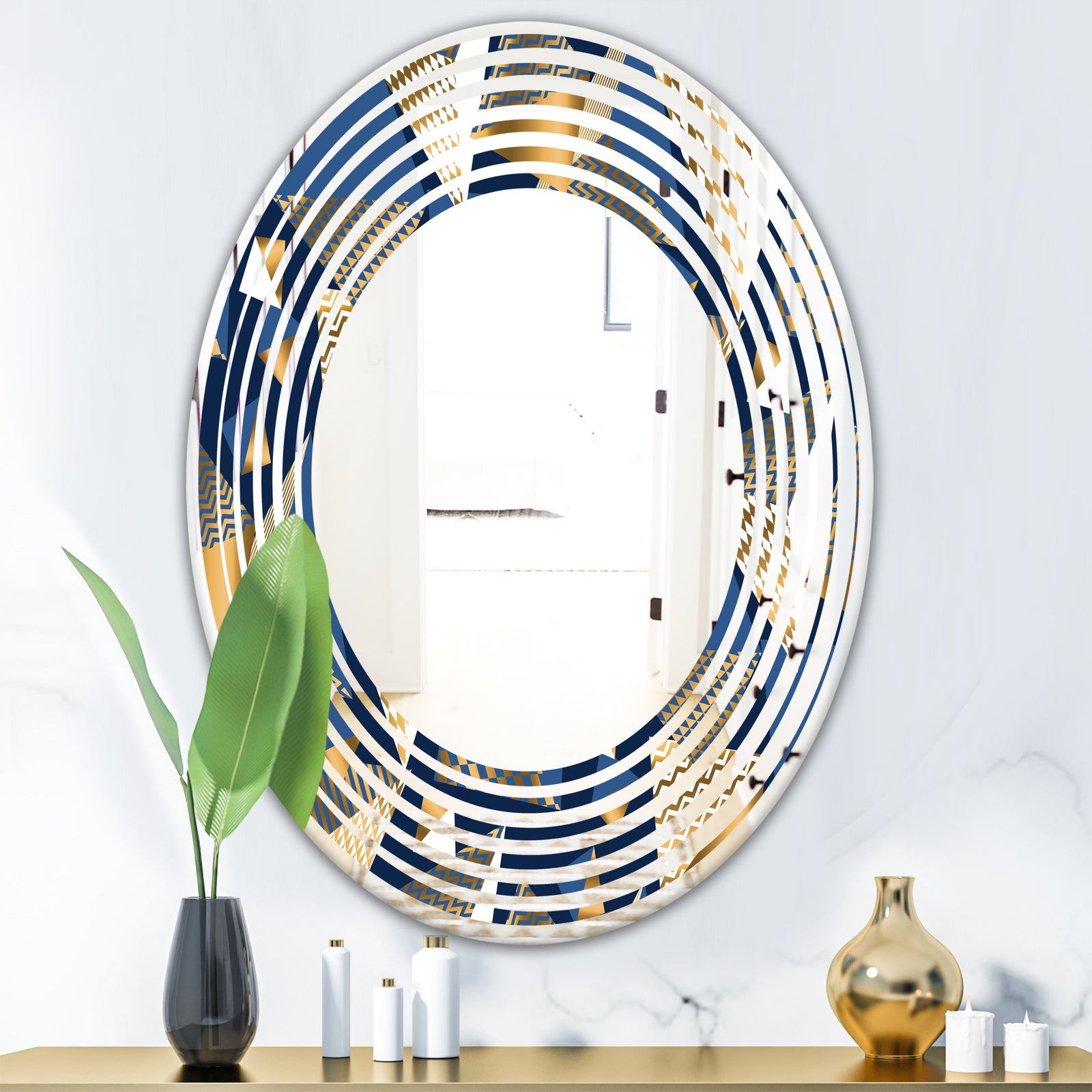 Gold and Blue Cubes - Modern Round or Oval Wall Mirror - Wave