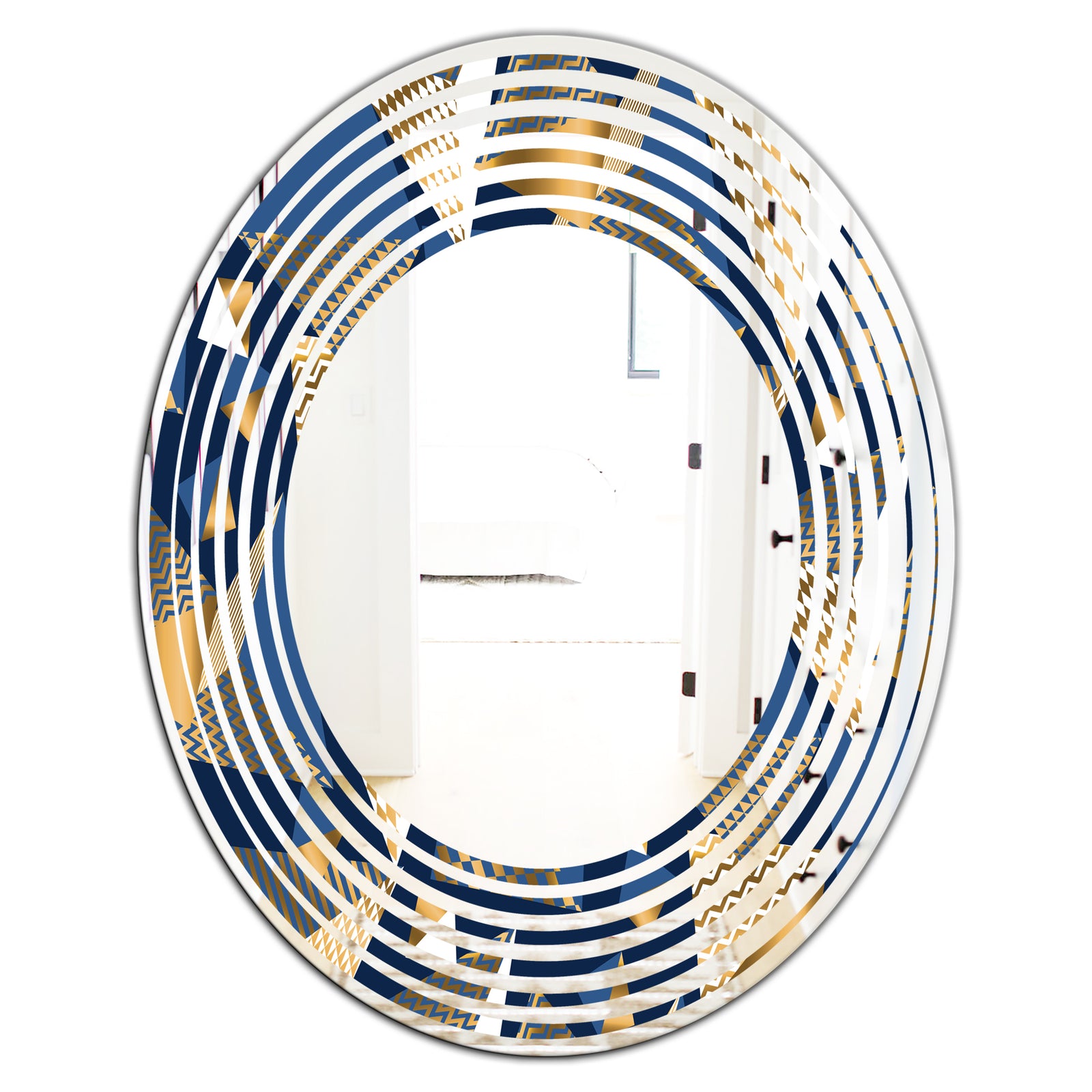 Gold and Blue Cubes - Modern Round or Oval Wall Mirror - Wave