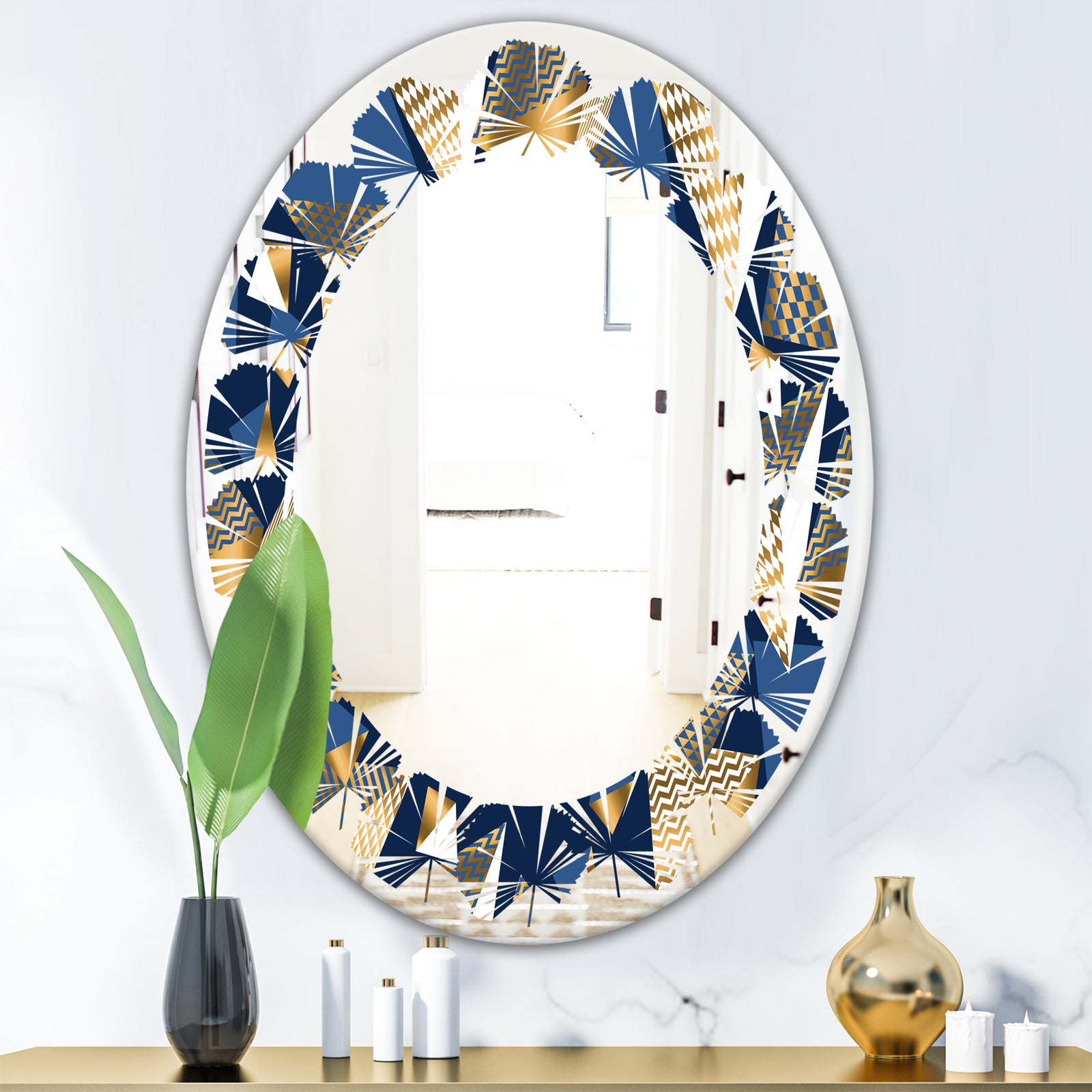 Gold and Blue Cubes - Modern Round or Oval Wall Mirror - Leaves