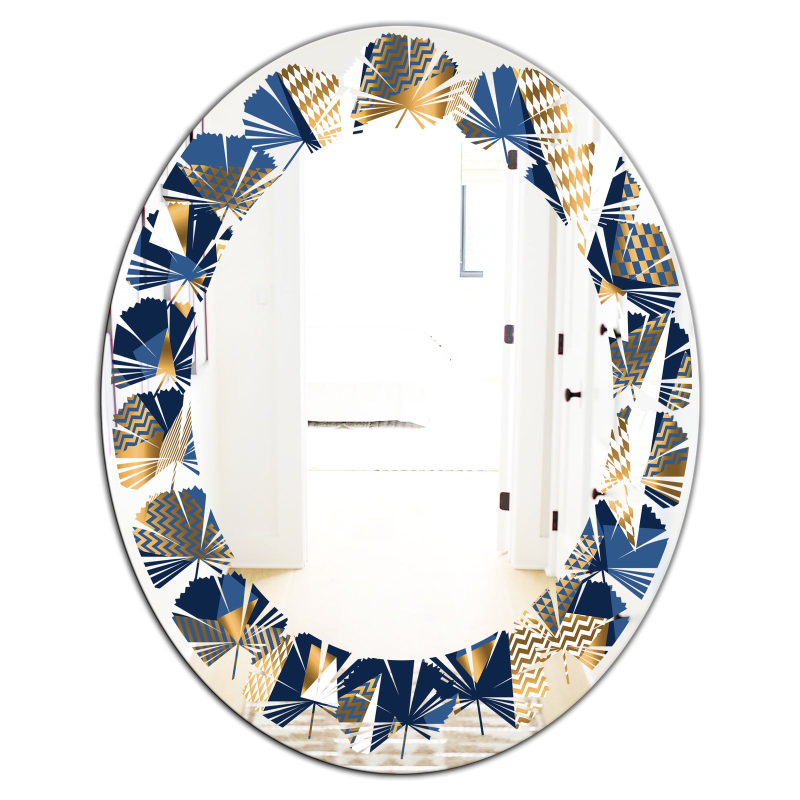 Gold and Blue Cubes - Modern Round or Oval Wall Mirror - Leaves
