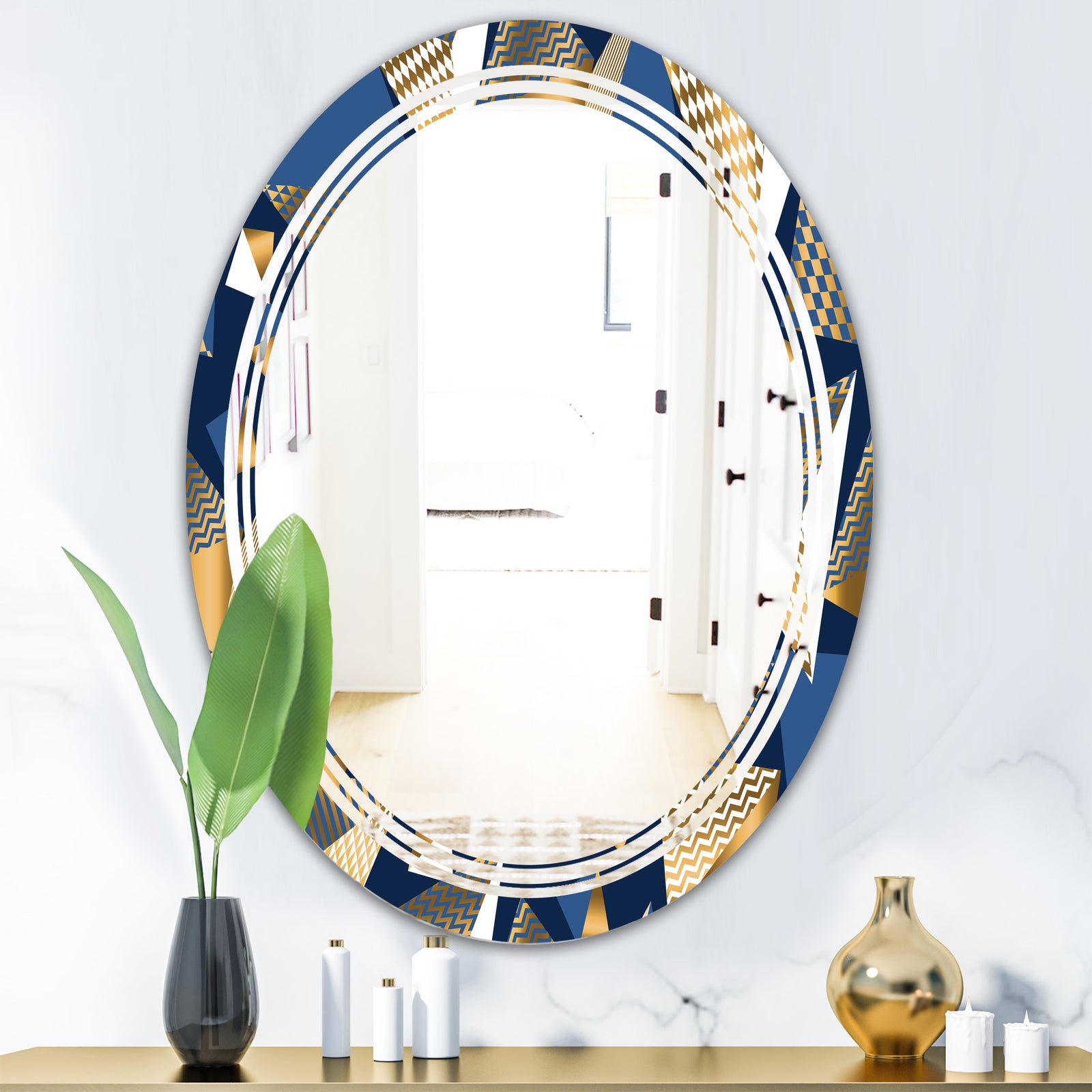 Gold and Blue Cubes - Modern Round or Oval Wall Mirror - Triple C