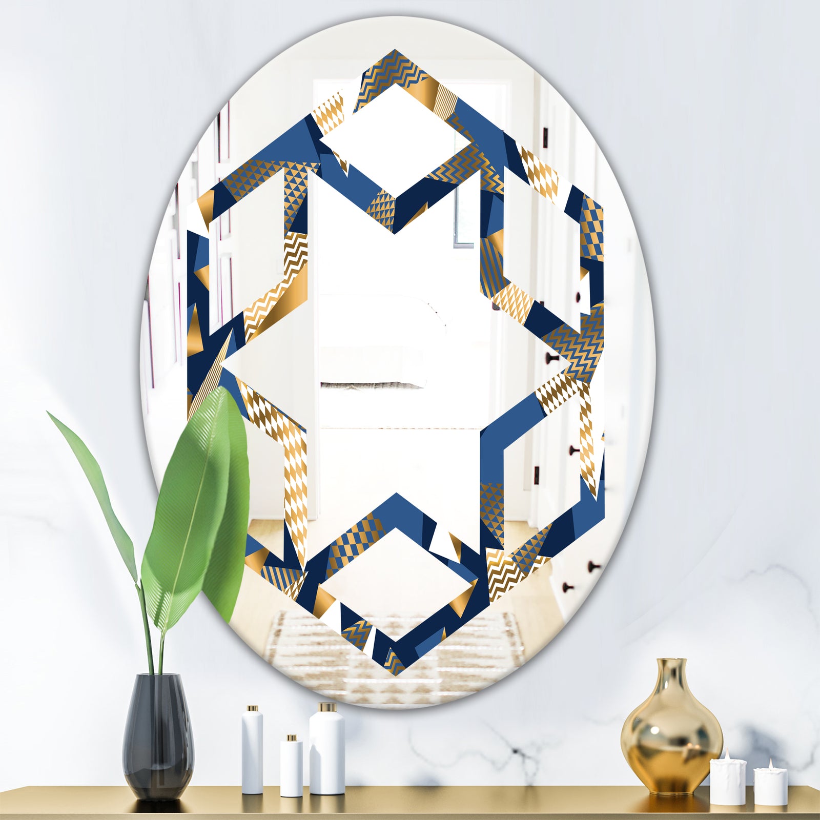 Gold and Blue Cubes - Modern Round or Oval Wall Mirror - Hexagon Star