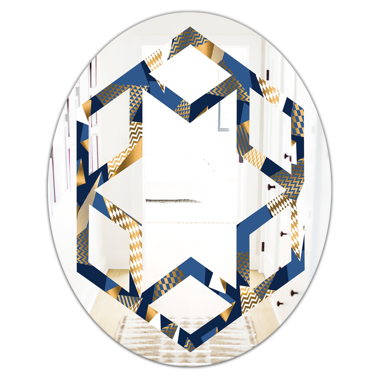 Gold and Blue Cubes - Modern Round or Oval Wall Mirror - Hexagon Star