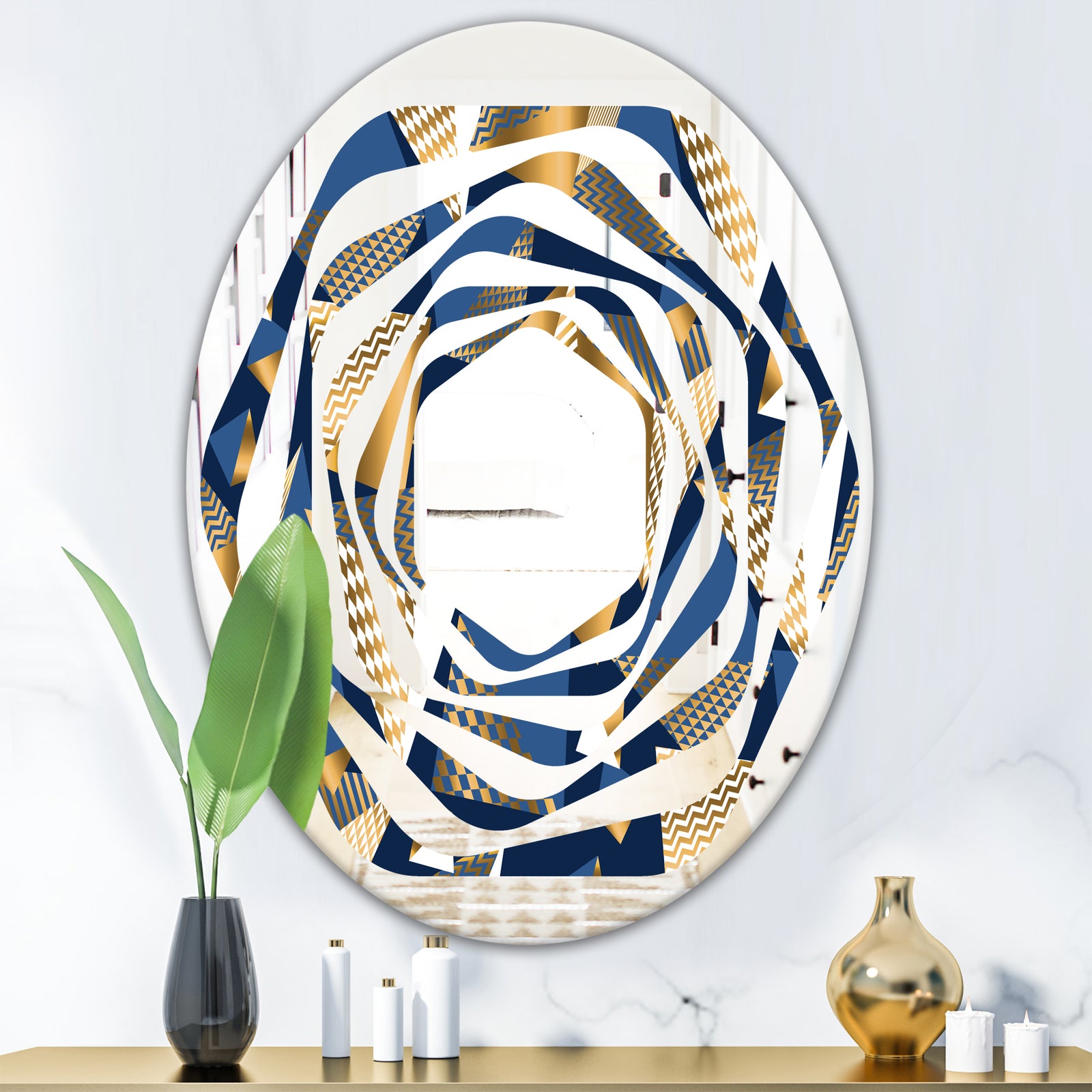 Gold and Blue Cubes - Modern Round or Oval Wall Mirror - Whirl