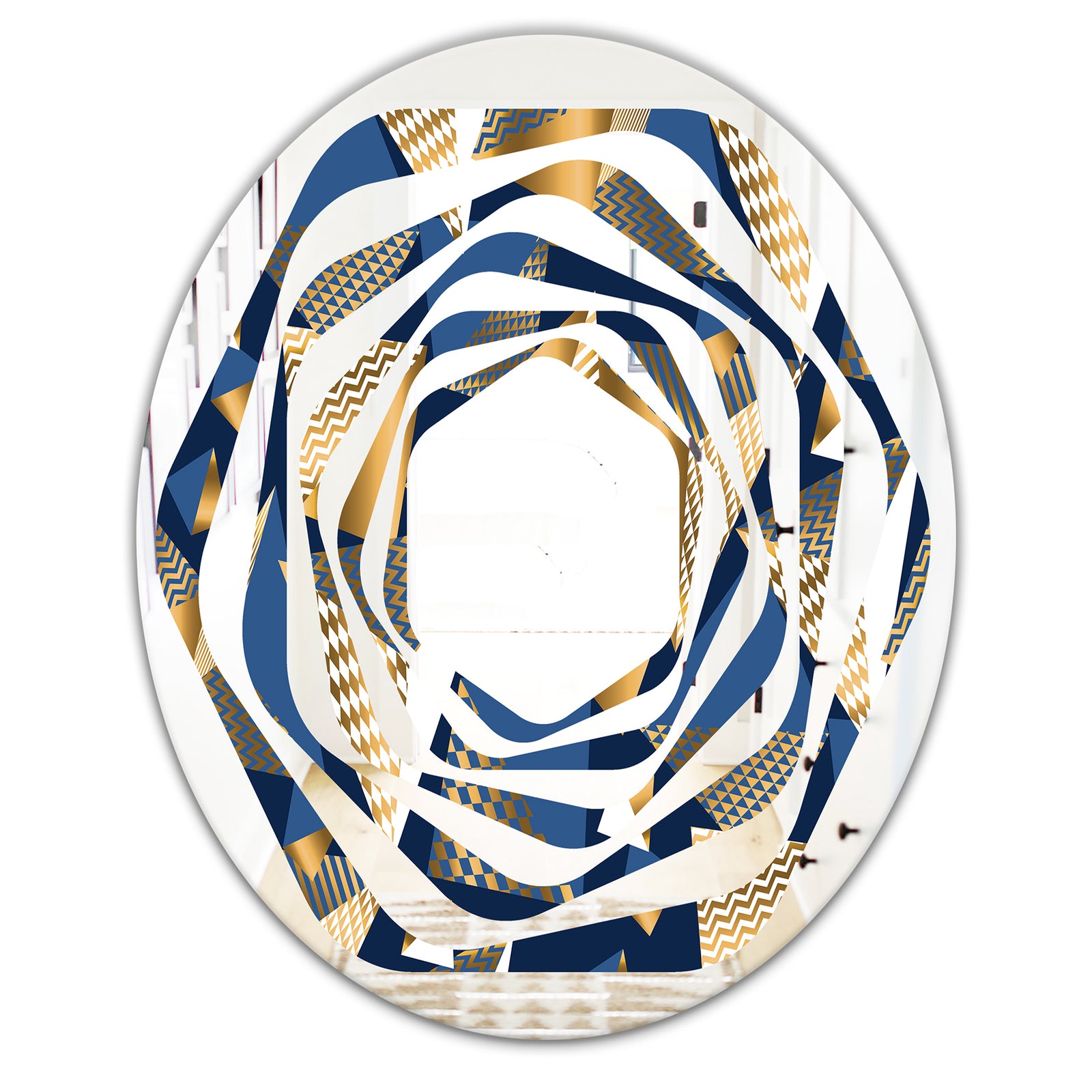 Gold and Blue Cubes - Modern Round or Oval Wall Mirror - Whirl