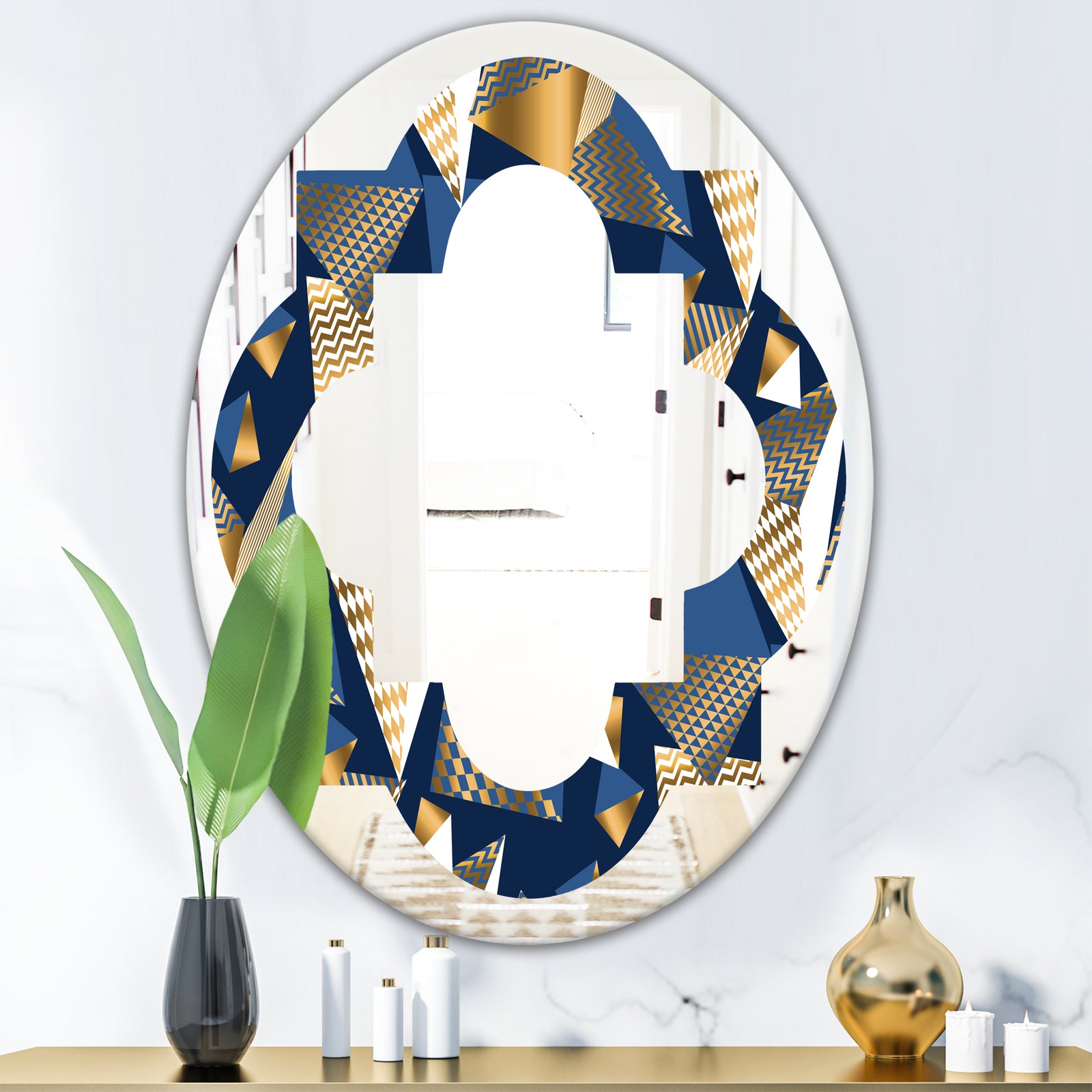 Gold and Blue Cubes - Modern Round or Oval Wall Mirror - Quatrefoil
