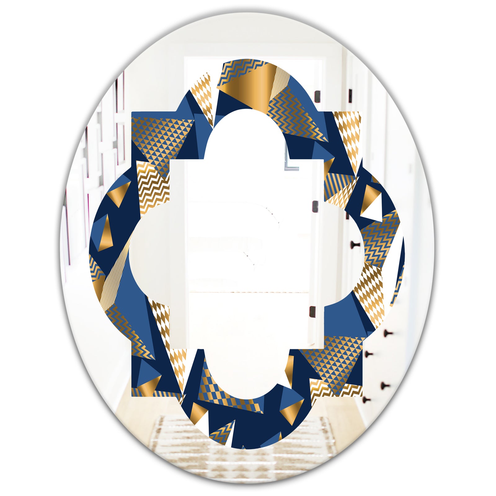 Gold and Blue Cubes - Modern Round or Oval Wall Mirror - Quatrefoil