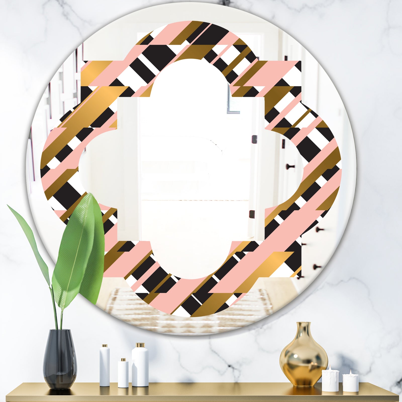 Gold Checkered Pattern II - Modern Round or Oval Wall Mirror - Quatrefoil