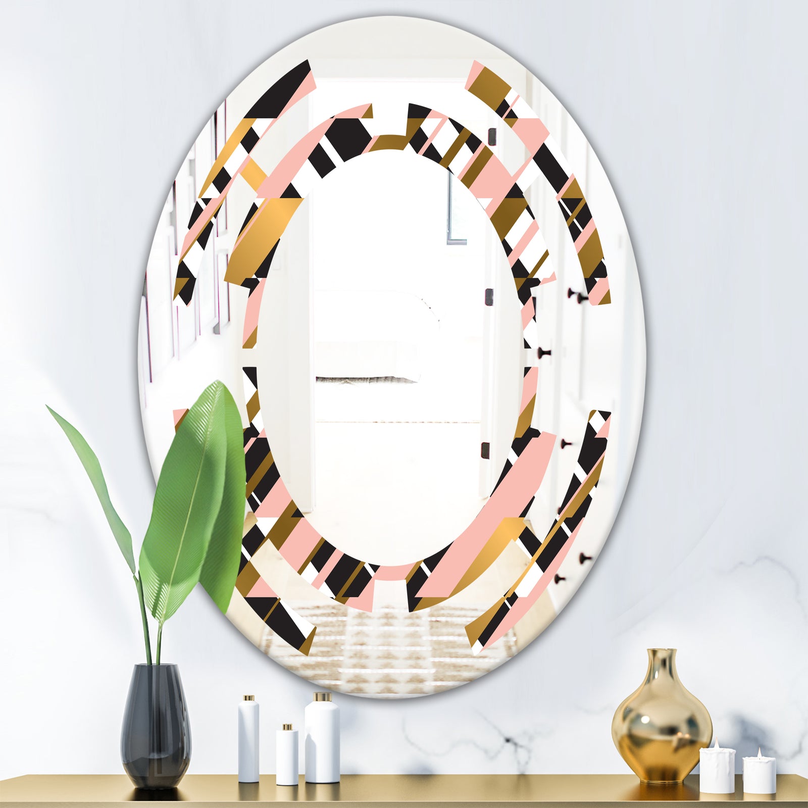 Gold Checkered Pattern II - Modern Round or Oval Wall Mirror - Space