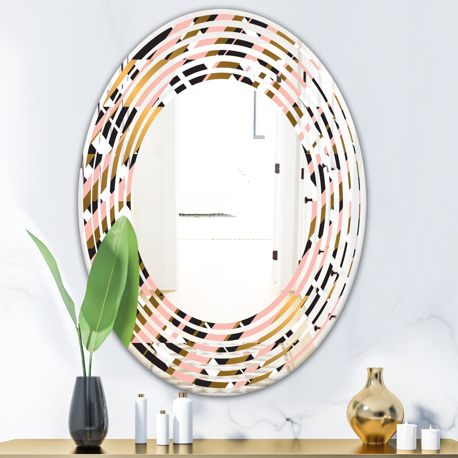 Gold Checkered Pattern II - Modern Round or Oval Wall Mirror - Wave