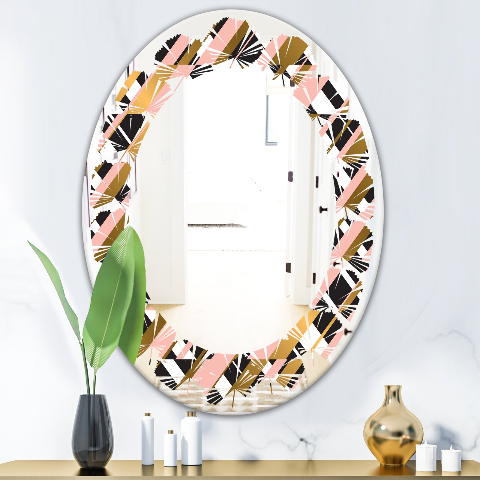 Gold Checkered Pattern II - Modern Round or Oval Wall Mirror - Leaves