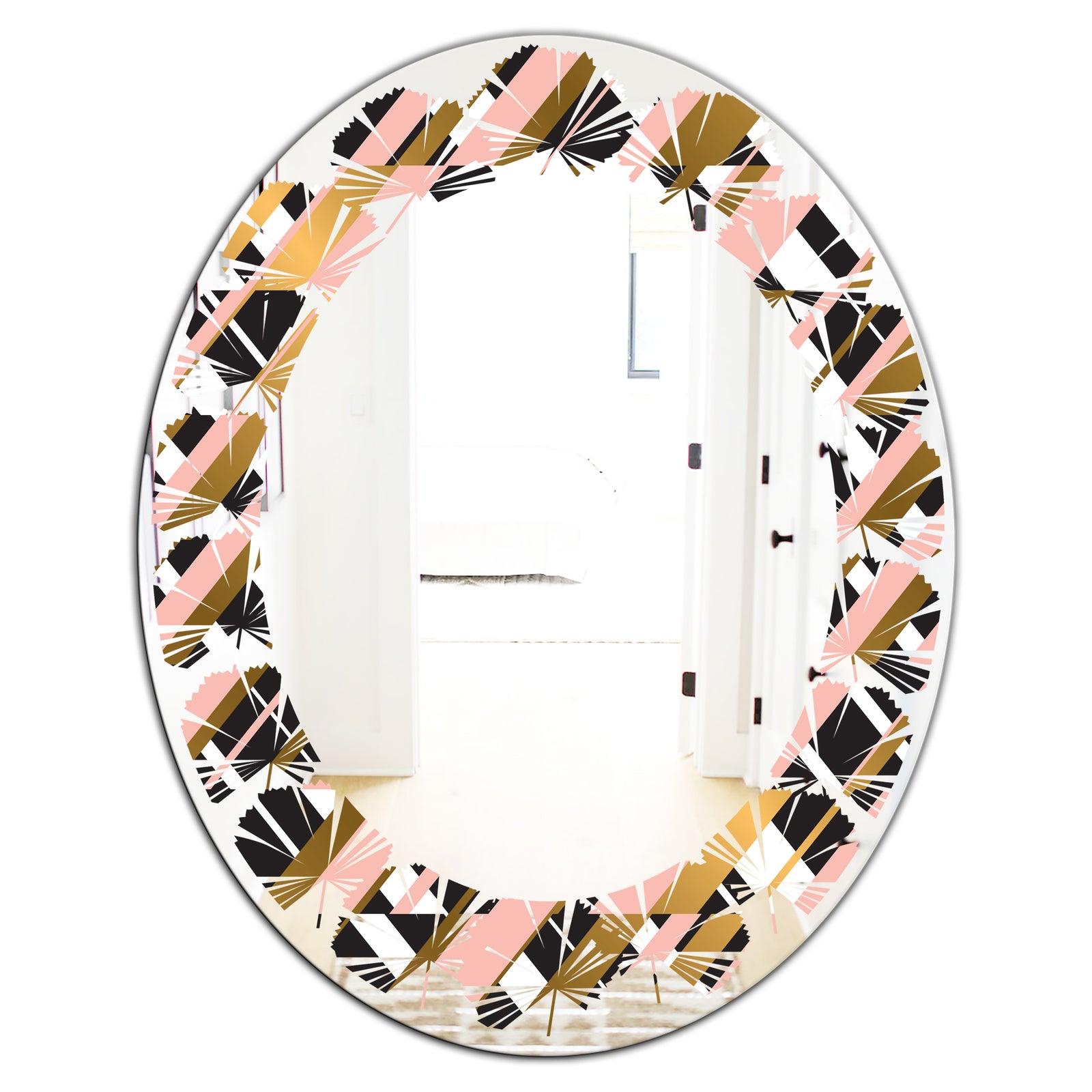 Gold Checkered Pattern II - Modern Round or Oval Wall Mirror - Leaves