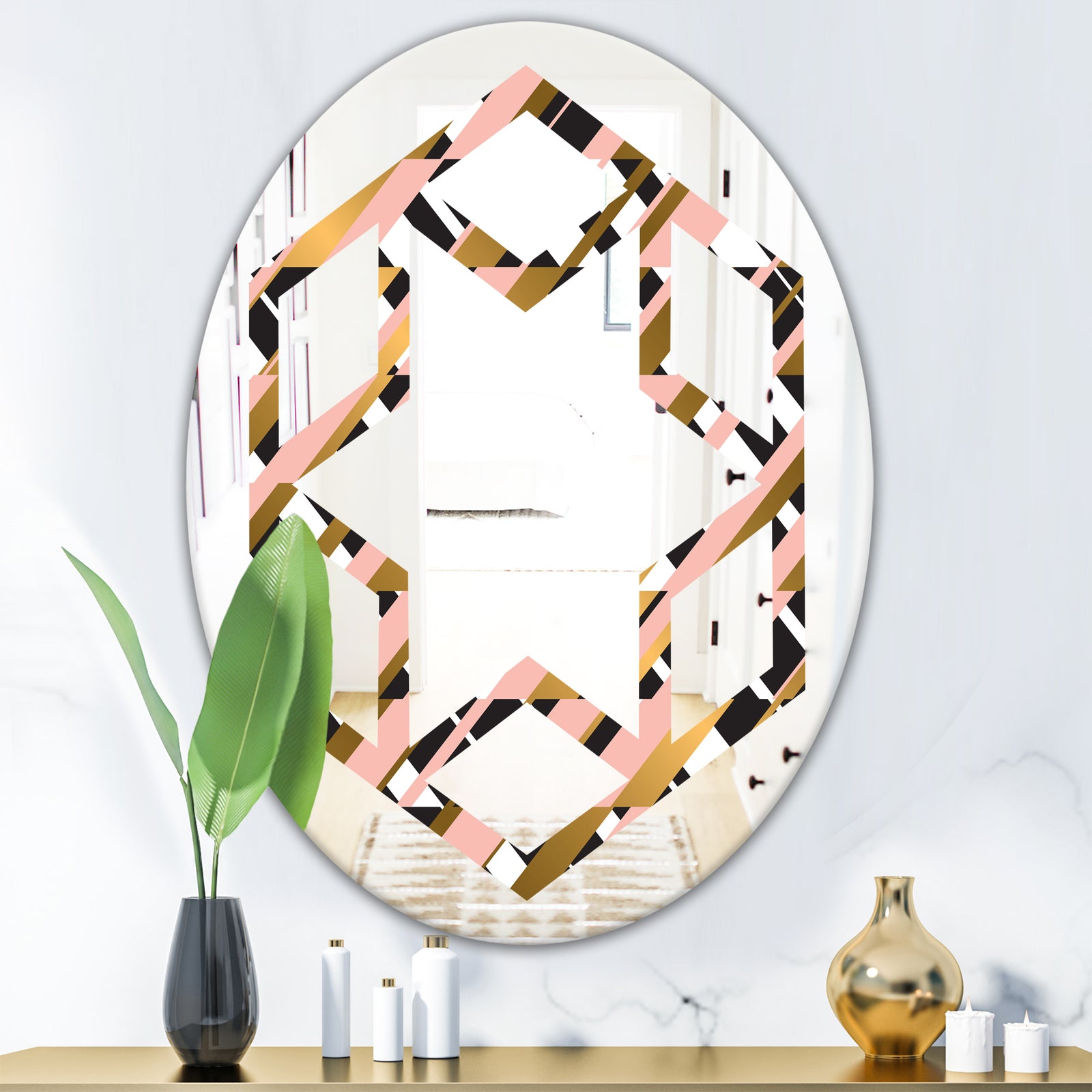 Gold Checkered Pattern II - Modern Round or Oval Wall Mirror - Hexagon Star