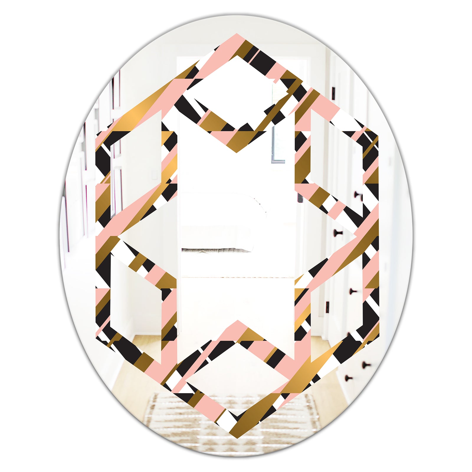 Gold Checkered Pattern II - Modern Round or Oval Wall Mirror - Hexagon Star