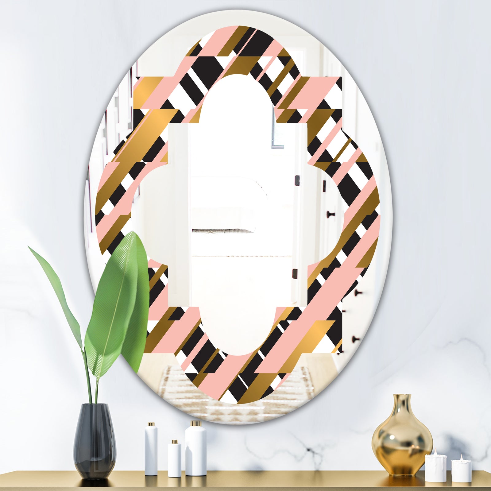 Gold Checkered Pattern II - Modern Round or Oval Wall Mirror - Quatrefoil