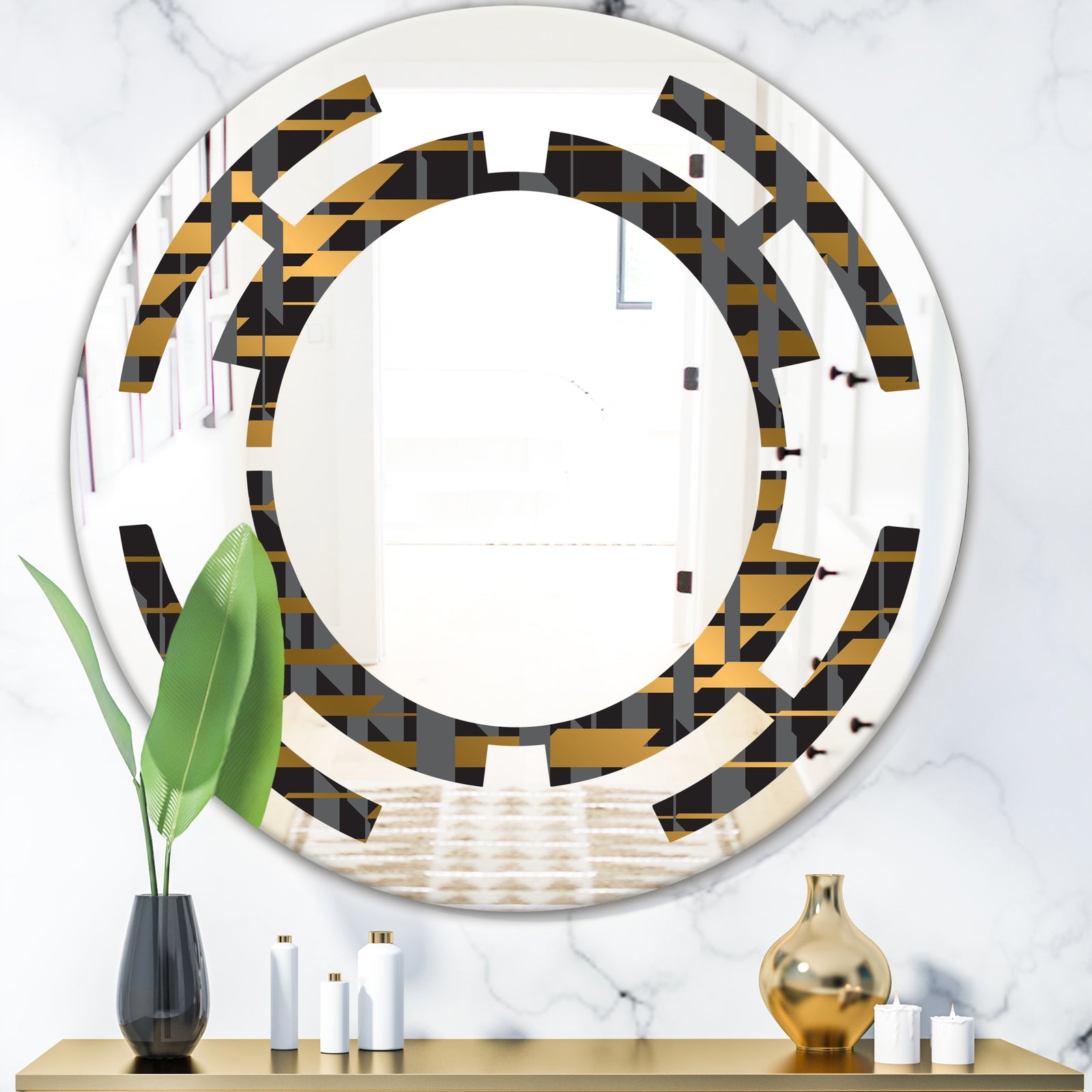 Gold Checkered Pattern I - Modern Round or Oval Wall Mirror - Space