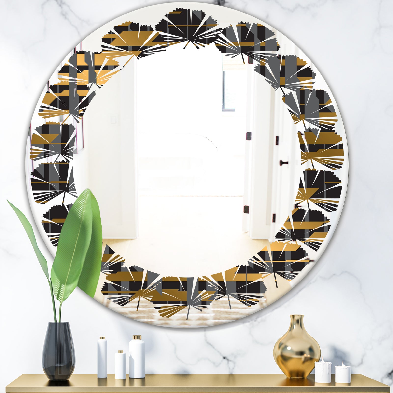 Gold Checkered Pattern I - Modern Round or Oval Wall Mirror - Leaves