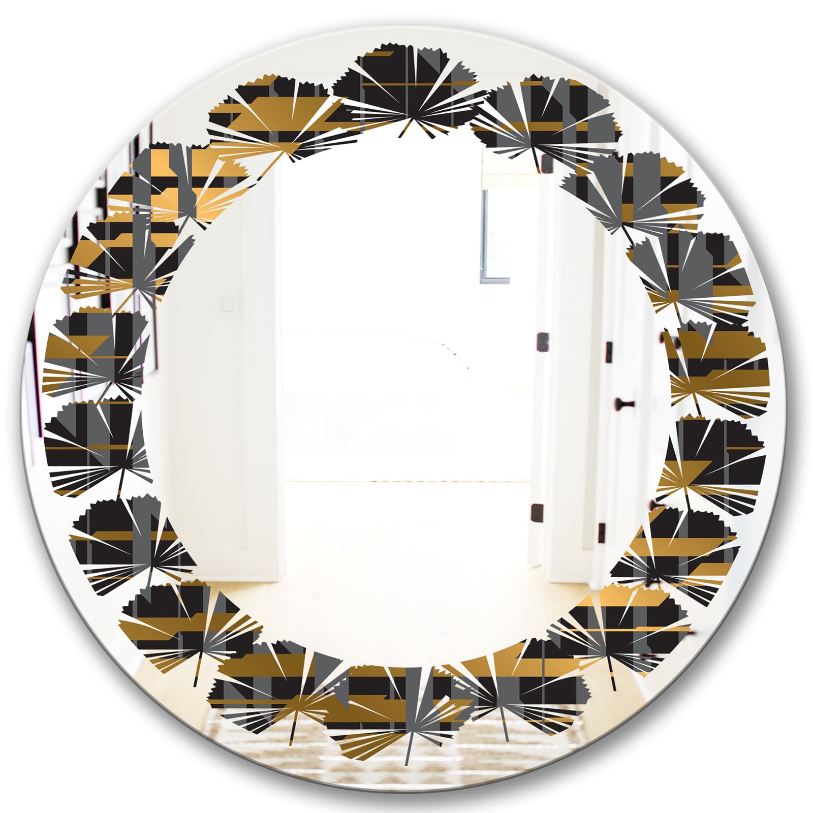 Gold Checkered Pattern I - Modern Round or Oval Wall Mirror - Leaves