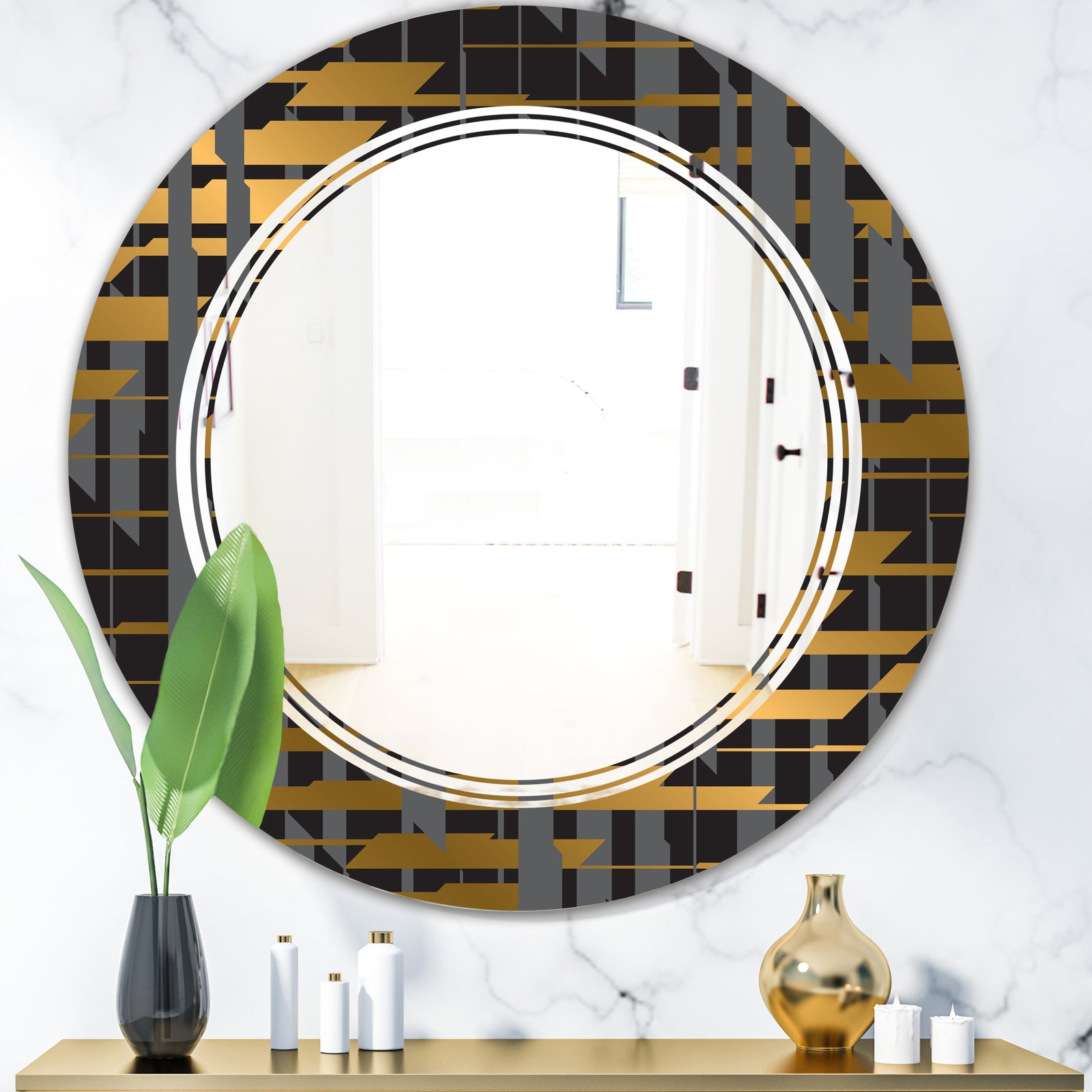 Gold Checkered Pattern I - Modern Round or Oval Wall Mirror - Triple C