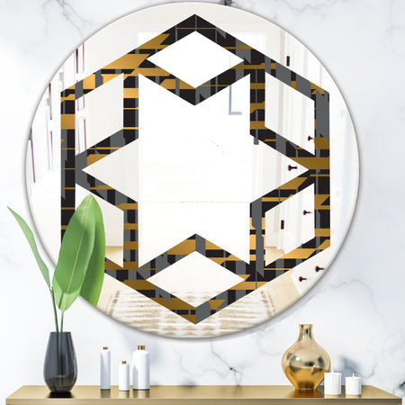 Gold Checkered Pattern I - Modern Round or Oval Wall Mirror - Hexagon Star