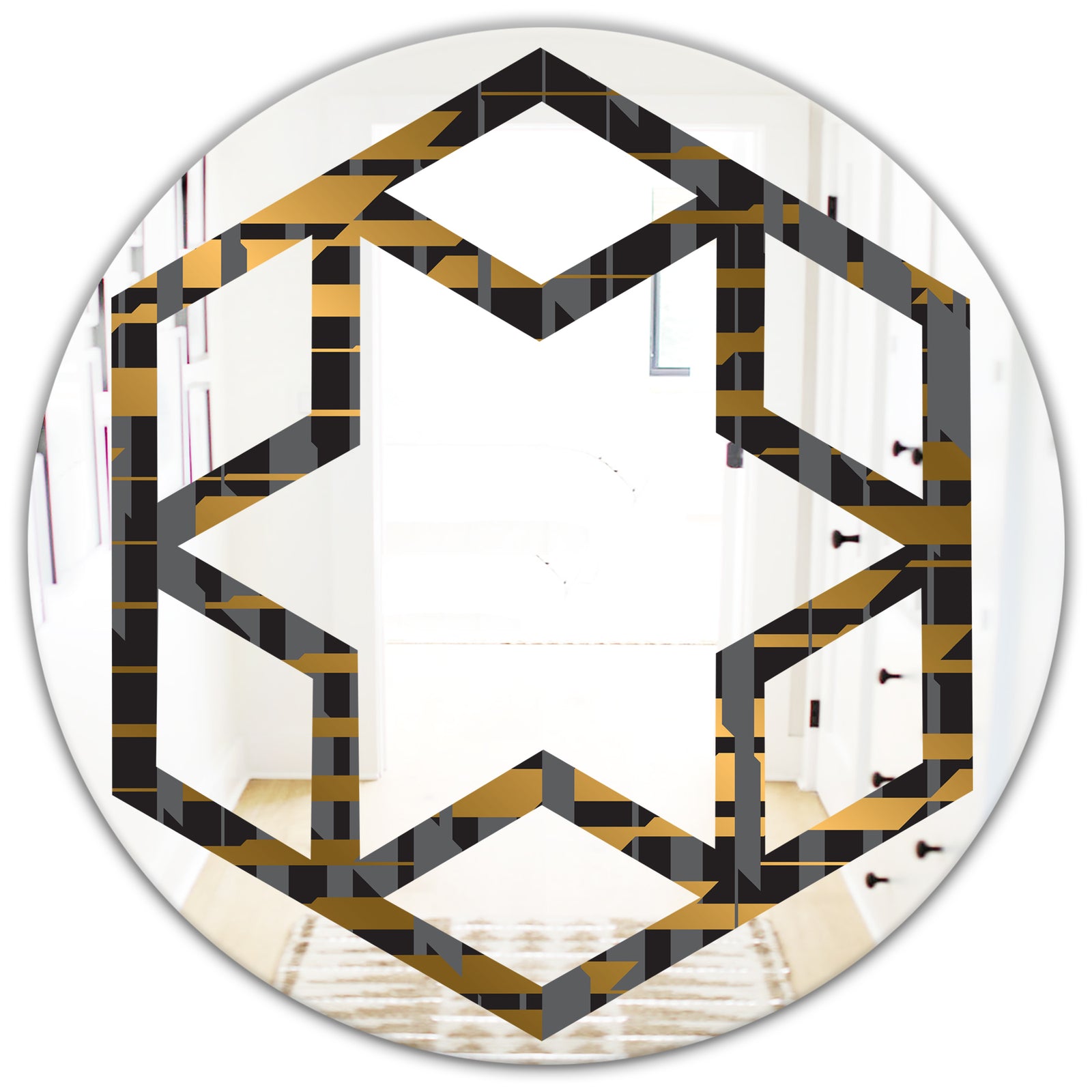 Gold Checkered Pattern I - Modern Round or Oval Wall Mirror - Hexagon Star