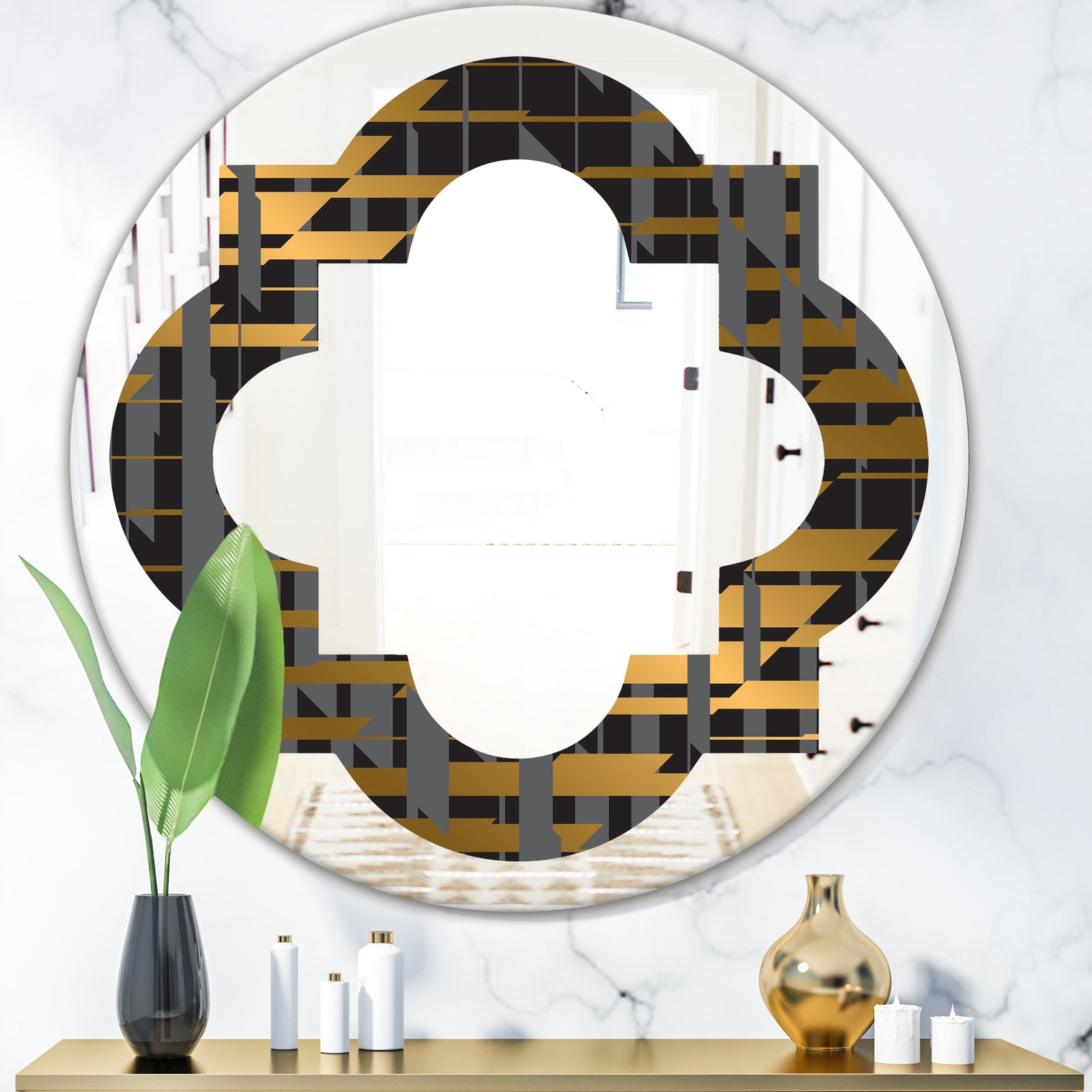Gold Checkered Pattern I - Modern Round or Oval Wall Mirror - Quatrefoil