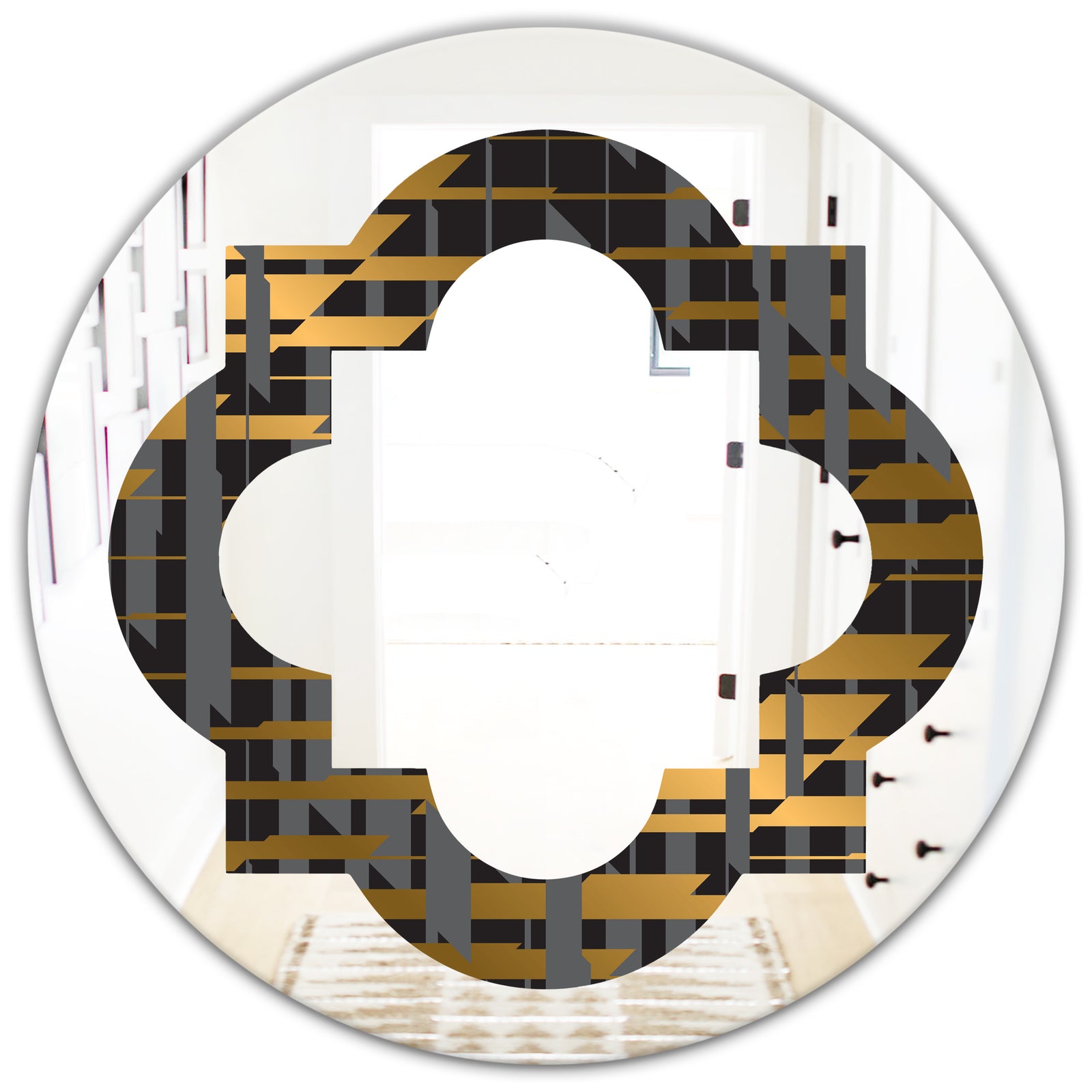 Gold Checkered Pattern I - Modern Round or Oval Wall Mirror - Quatrefoil