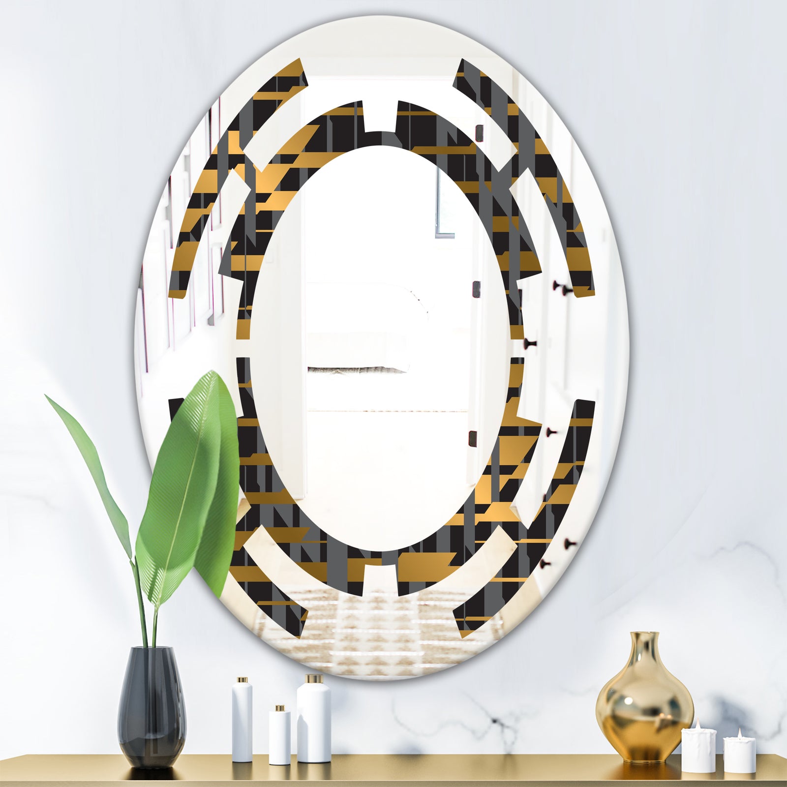 Gold Checkered Pattern I - Modern Round or Oval Wall Mirror - Space