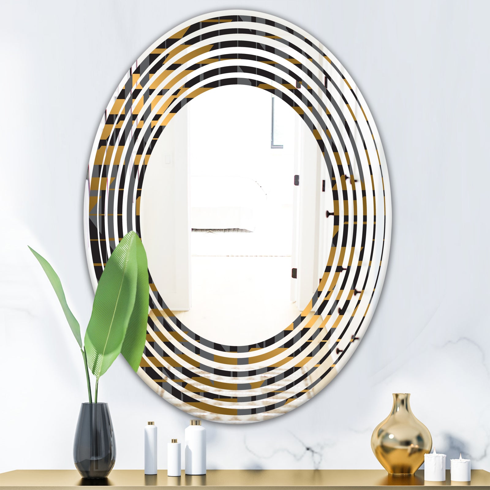 Gold Checkered Pattern I - Modern Round or Oval Wall Mirror - Wave