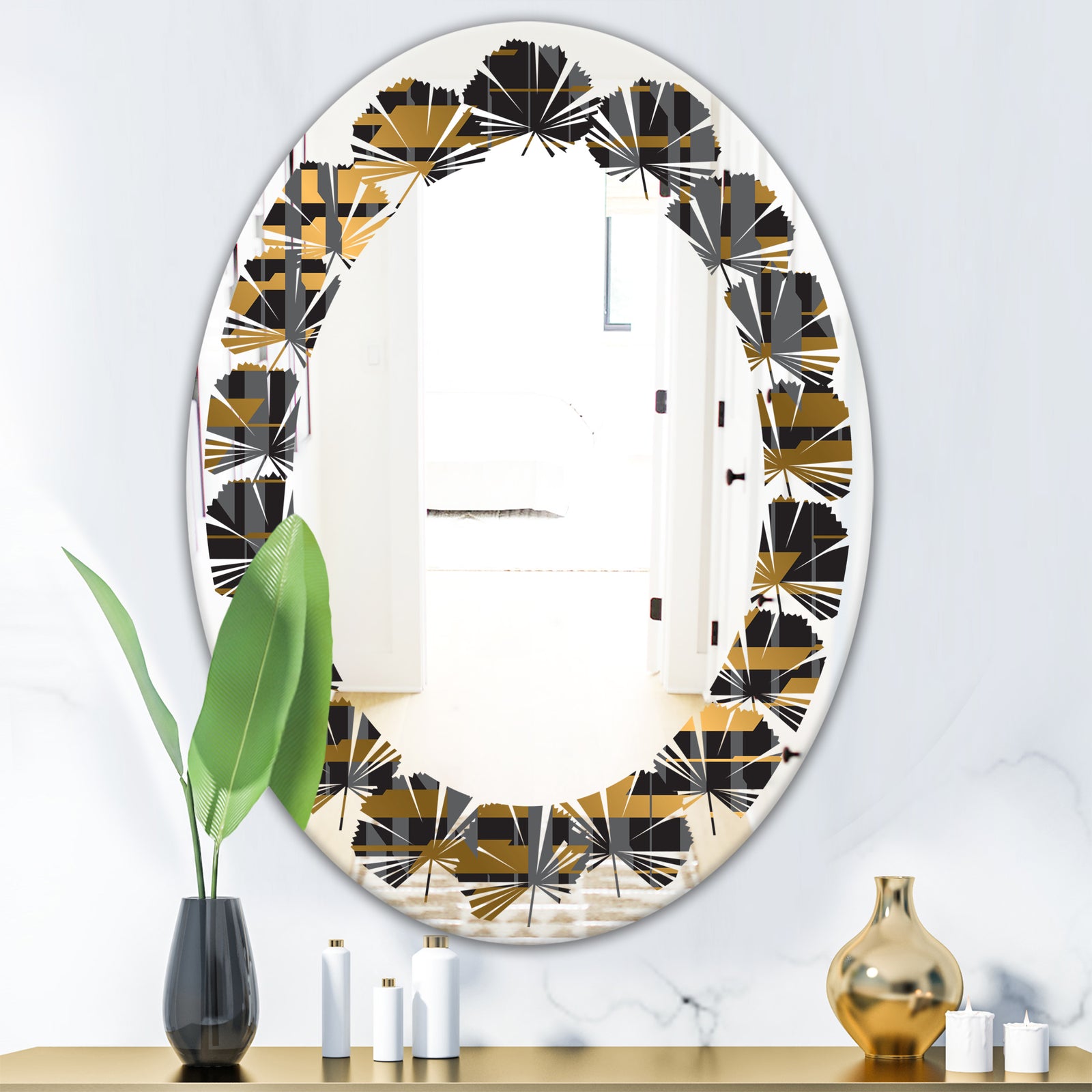 Gold Checkered Pattern I - Modern Round or Oval Wall Mirror - Leaves