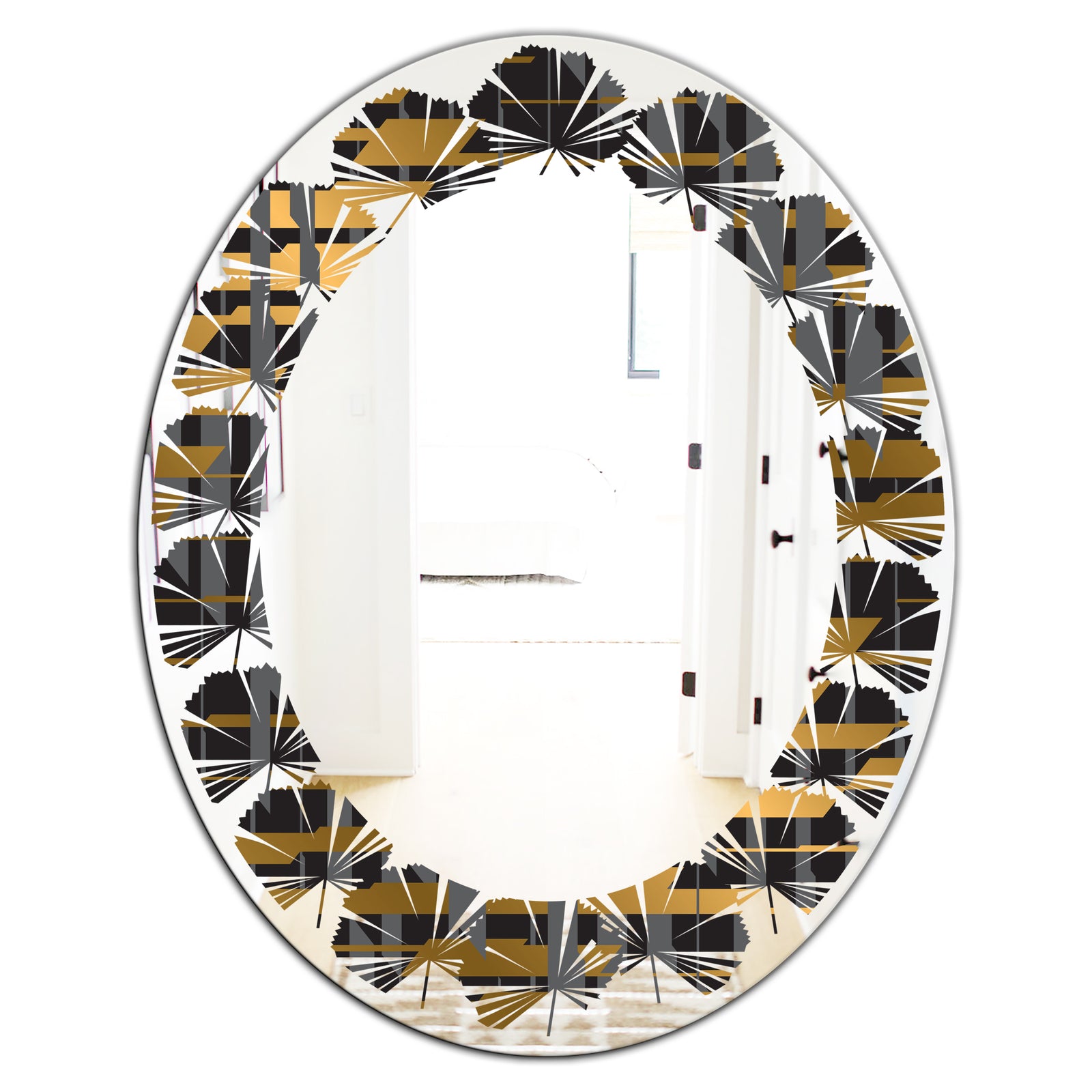 Gold Checkered Pattern I - Modern Round or Oval Wall Mirror - Leaves