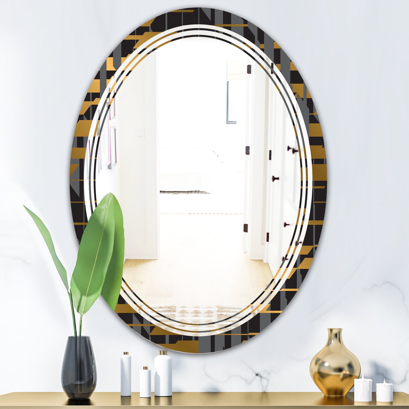 Gold Checkered Pattern I - Modern Round or Oval Wall Mirror - Triple C