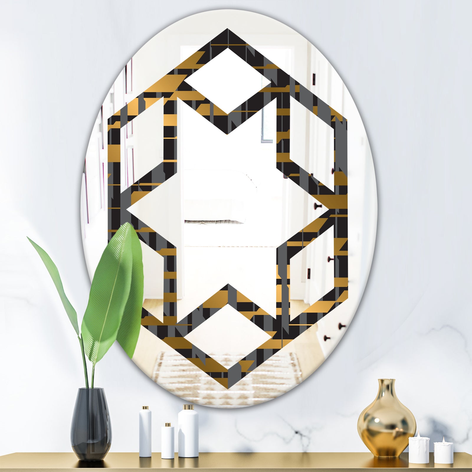 Gold Checkered Pattern I - Modern Round or Oval Wall Mirror - Hexagon Star
