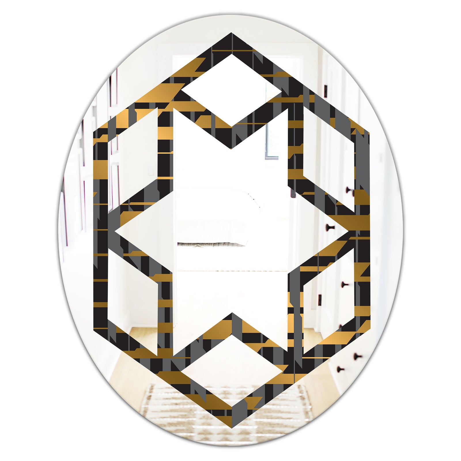Gold Checkered Pattern I - Modern Round or Oval Wall Mirror - Hexagon Star