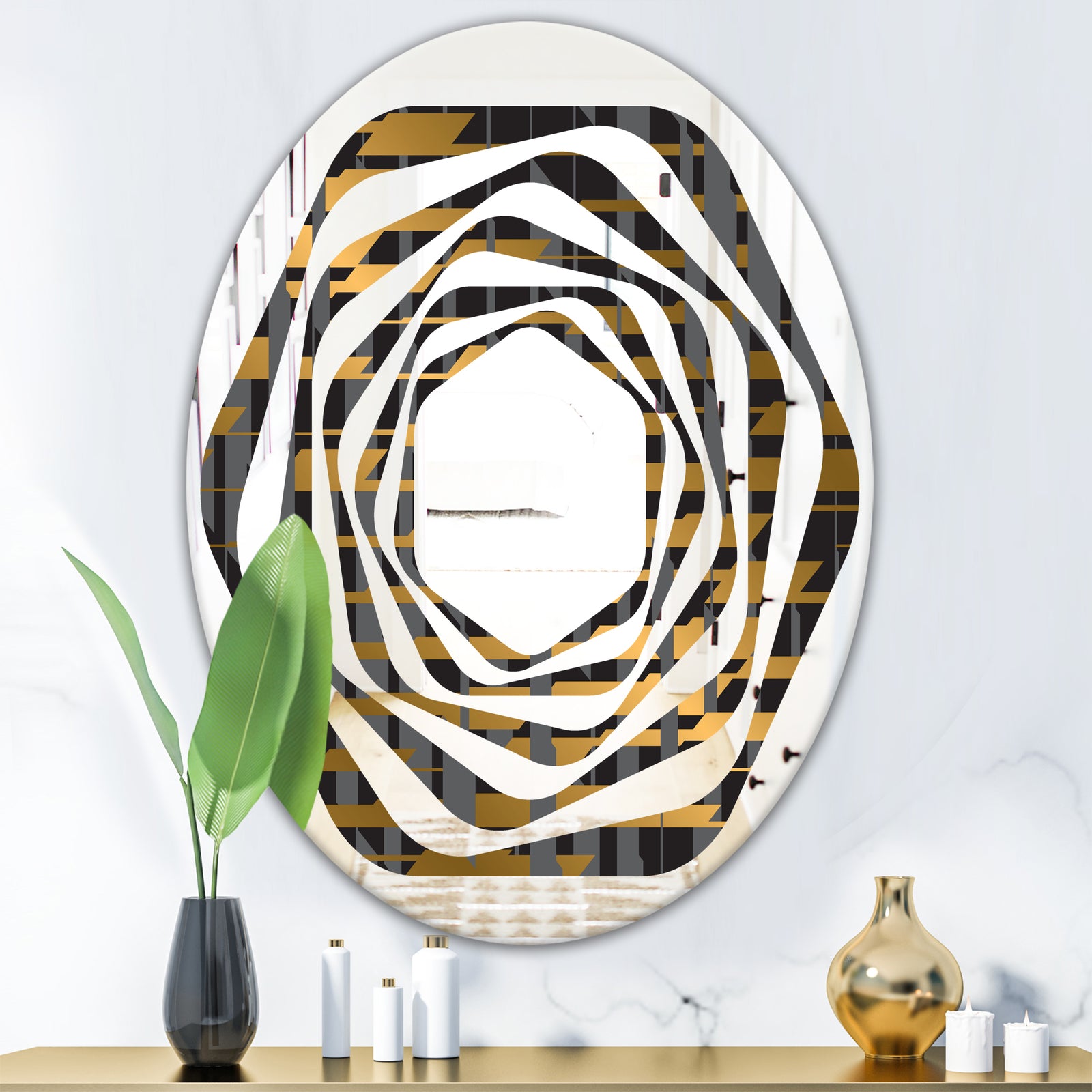 Gold Checkered Pattern I - Modern Round or Oval Wall Mirror - Whirl