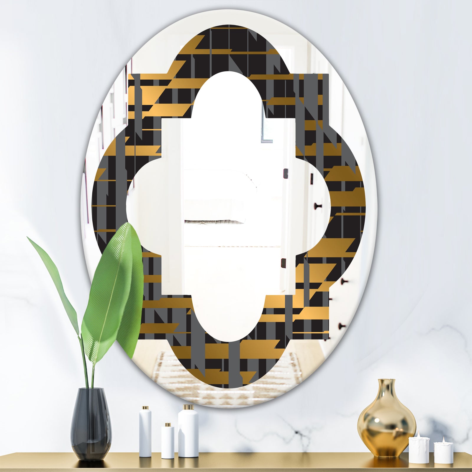 Gold Checkered Pattern I - Modern Round or Oval Wall Mirror - Quatrefoil
