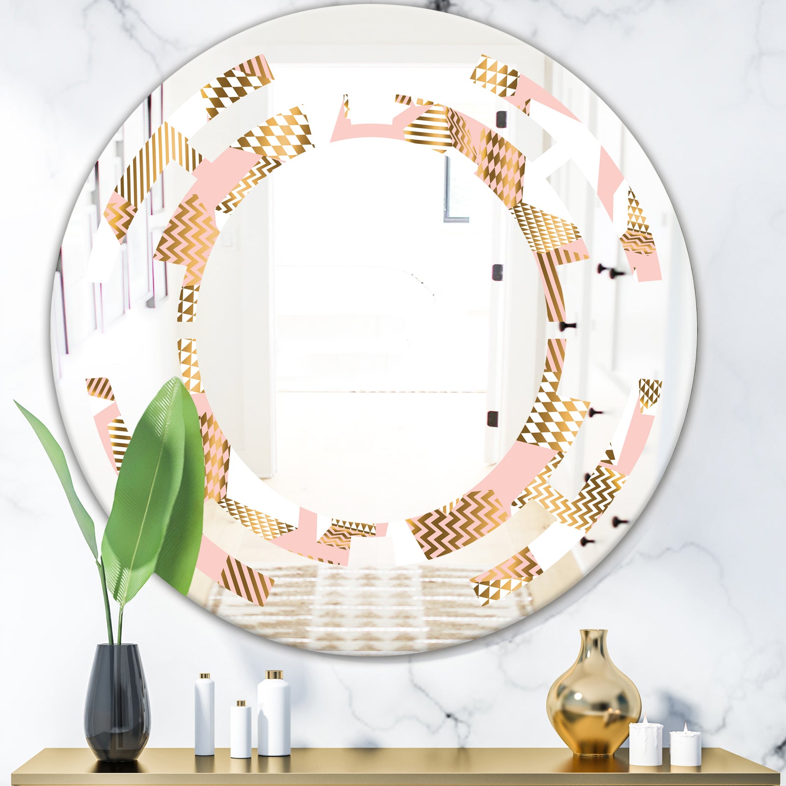 Gold and Rose Cubes I - Modern Round or Oval Wall Mirror - Space