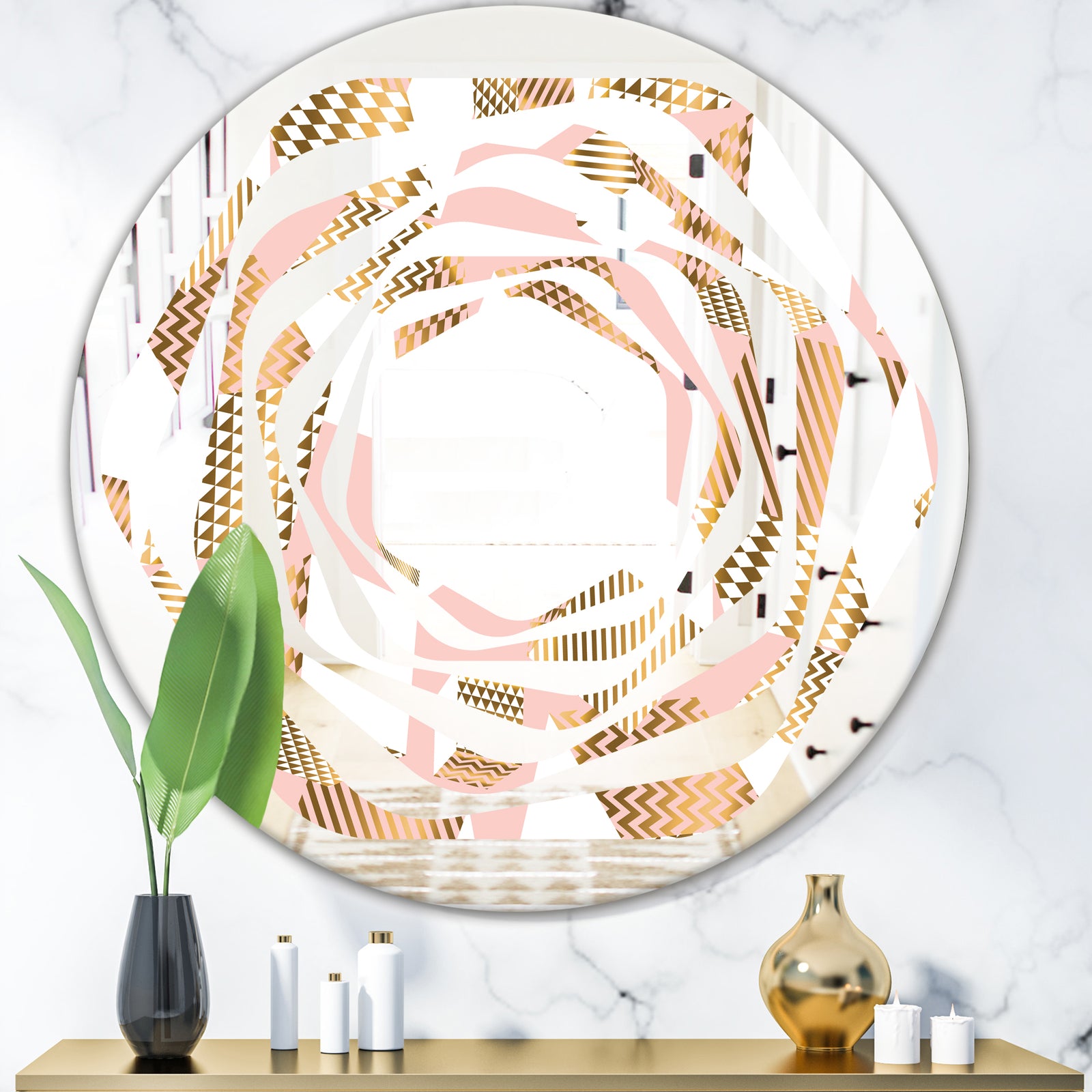 Gold and Rose Cubes I - Modern Round or Oval Wall Mirror - Whirl