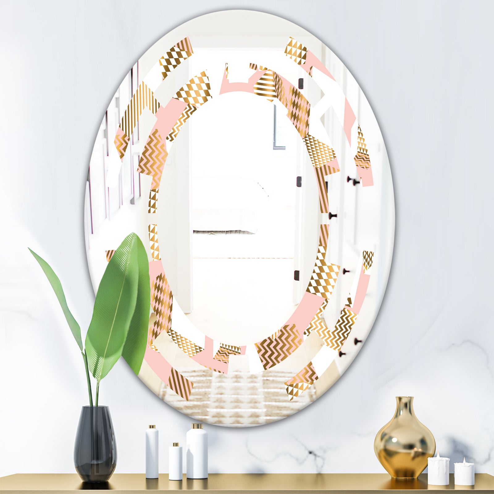 Gold and Rose Cubes I - Modern Round or Oval Wall Mirror - Space