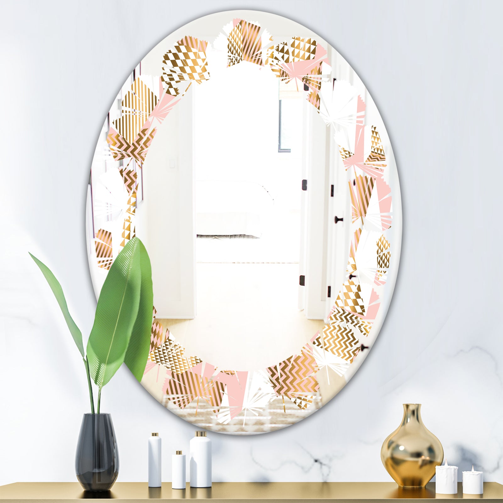 Gold and Rose Cubes I - Modern Round or Oval Wall Mirror - Leaves