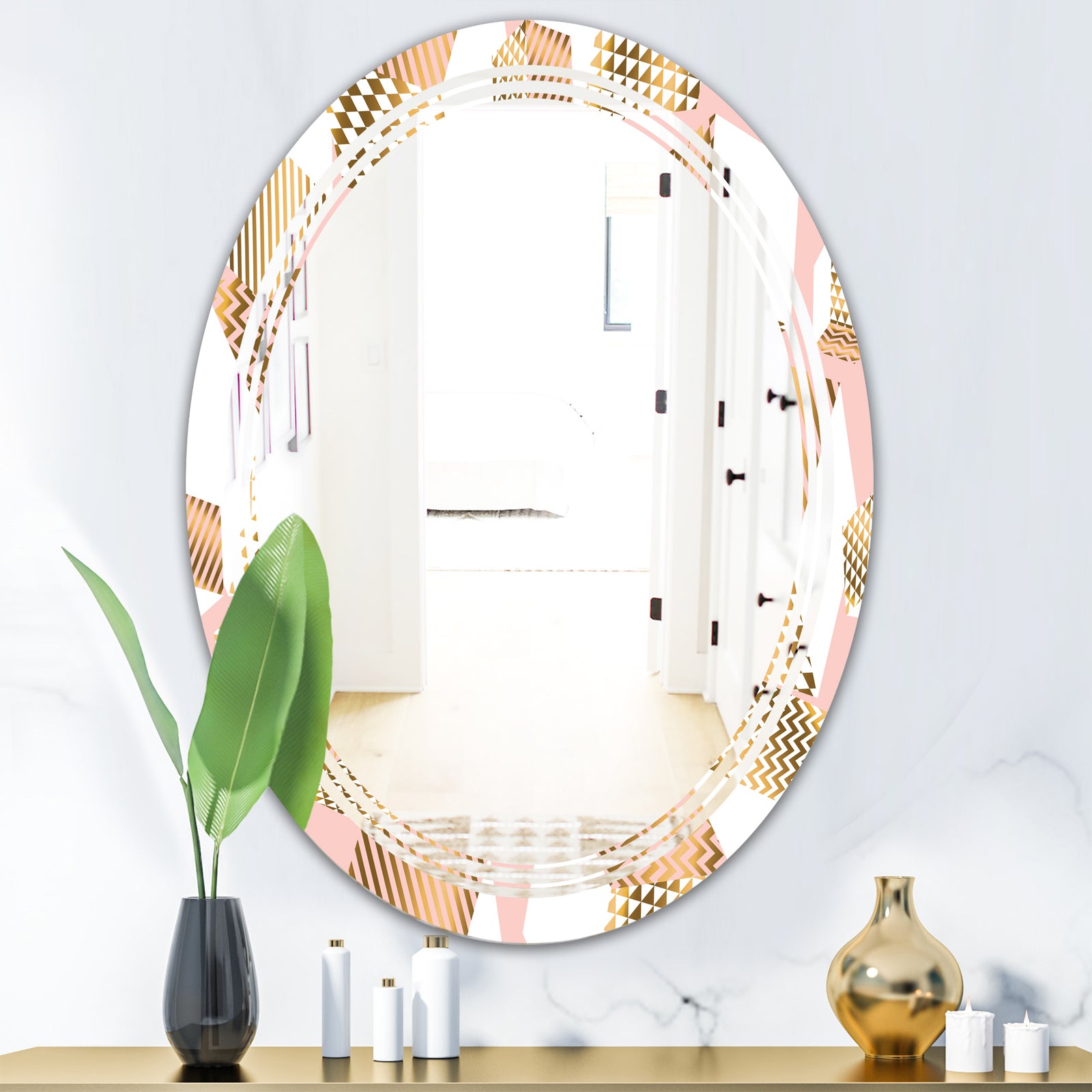 Gold and Rose Cubes I - Modern Round or Oval Wall Mirror - Triple C