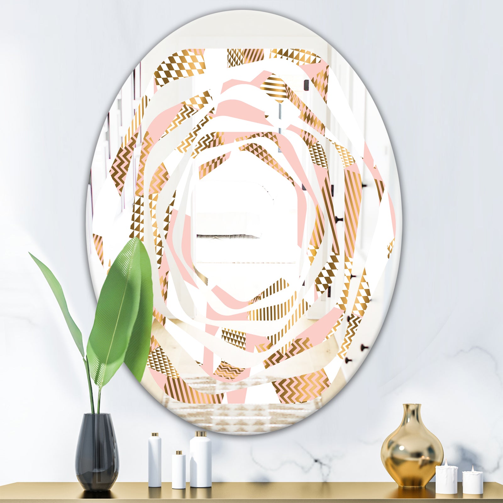 Gold and Rose Cubes I - Modern Round or Oval Wall Mirror - Whirl
